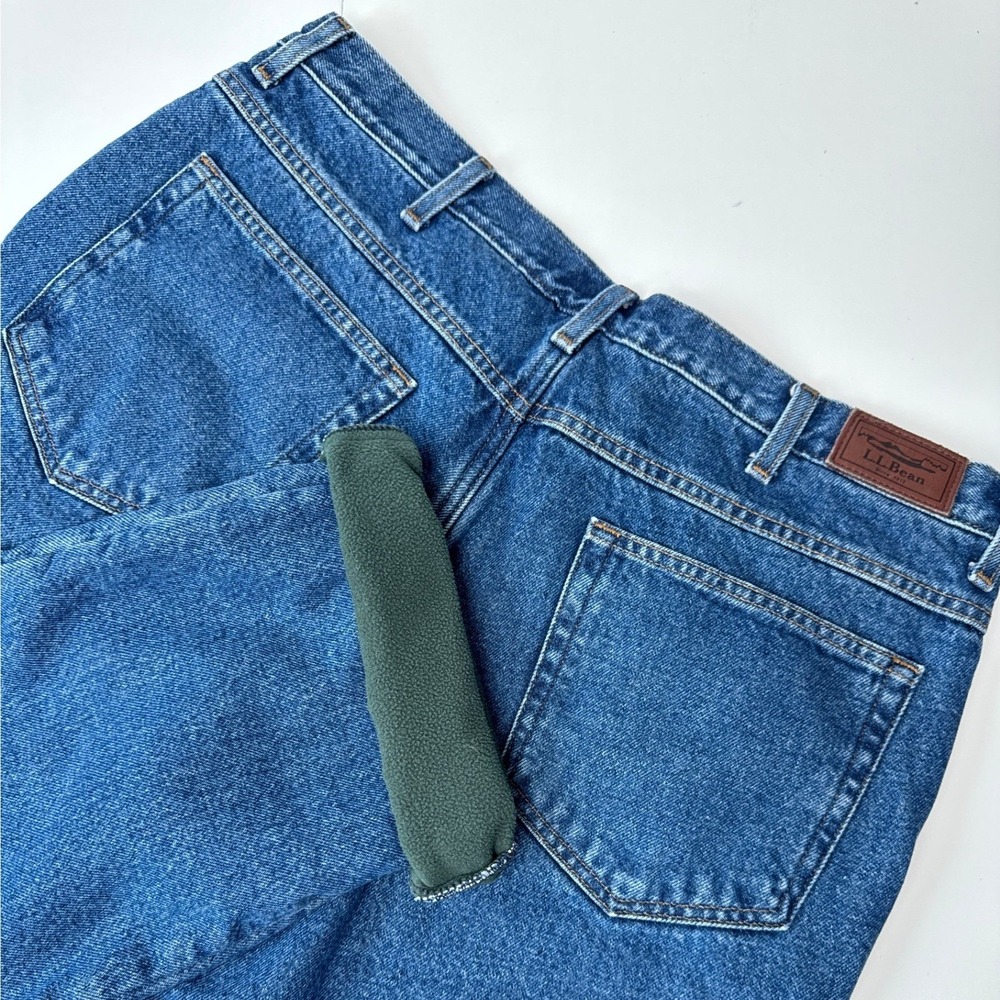 LL Bean Mens Fleece Lined Jeans 38x30 Classic Fit Blue Denim Green Lining 162343